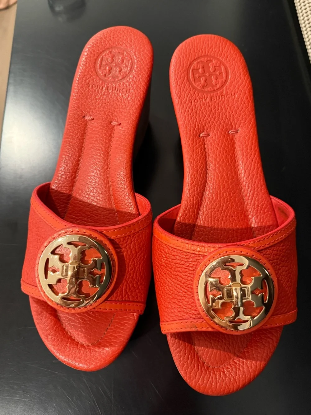 Tory Burch Red Leather Logo Slide Mules